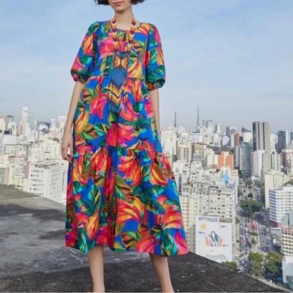 FARM Rio | Dresses | Farm Rio Blue Banana Mix Puff Sleeve Midi Dress |  Poshmark